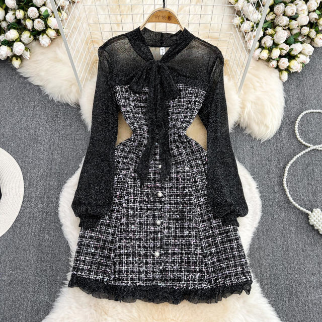 Elegant Ladylike Small Fragrance Style Fluttering Collar Patchwork Waist Ruffled Tweed Dress Autumn
