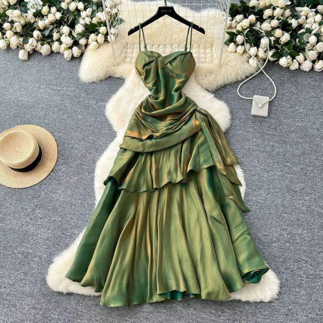 French Style Square Collar Strapless Pleated Waist Ruffled dress Women's Dress