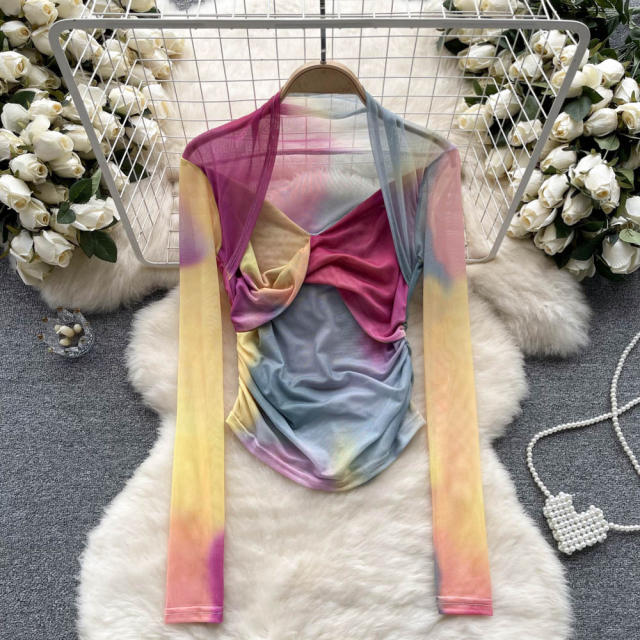 American Style Spice Tie-Dye Mesh Base Shirt Long-Sleeved T-Shirt for women