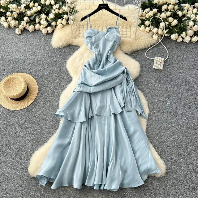 French Style Square Collar Strapless Pleated Waist Ruffled dress Women's Dress