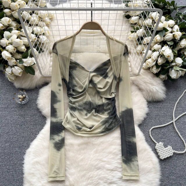 American Style Spice Tie-Dye Mesh Base Shirt Long-Sleeved T-Shirt for women