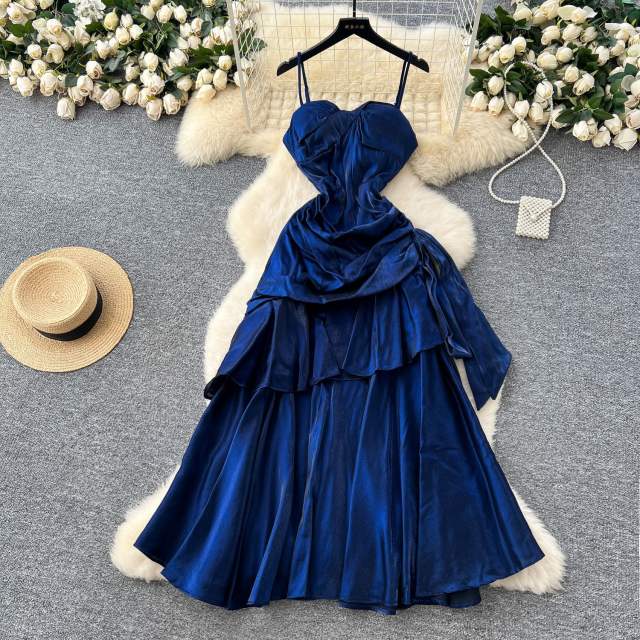 French Style Square Collar Strapless Pleated Waist Ruffled dress Women's Dress