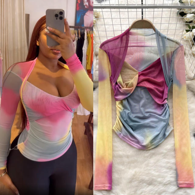 American Style Spice Tie-Dye Mesh Base Shirt Long-Sleeved T-Shirt for women