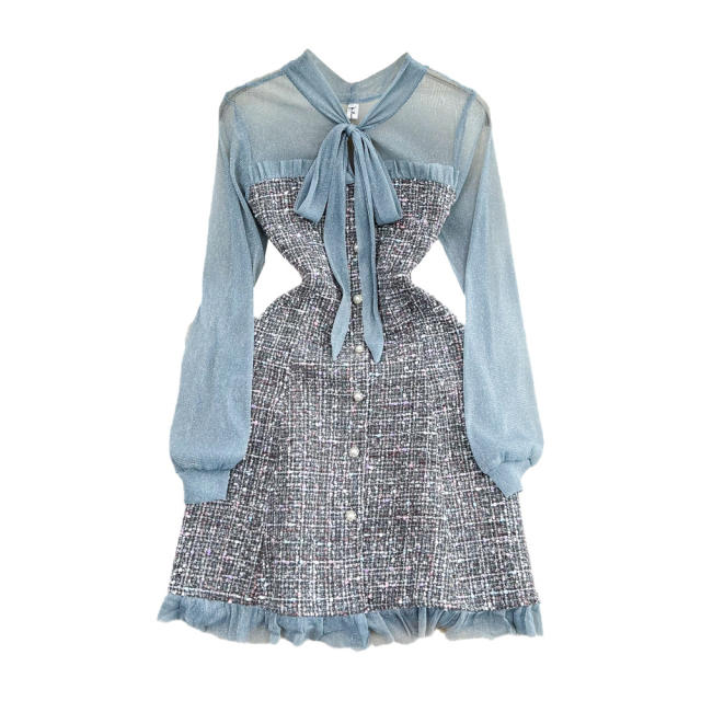 Elegant Ladylike Small Fragrance Style Fluttering Collar Patchwork Waist Ruffled Tweed Dress Autumn