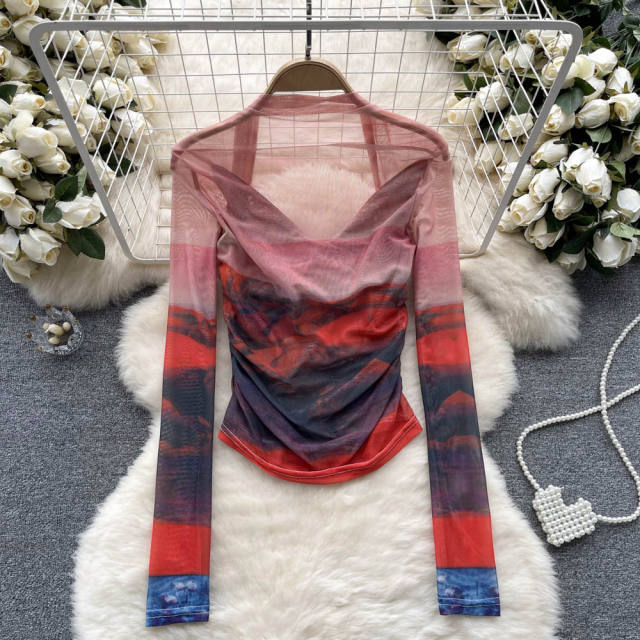 American Style Spice Tie-Dye Mesh Base Shirt Long-Sleeved T-Shirt for women