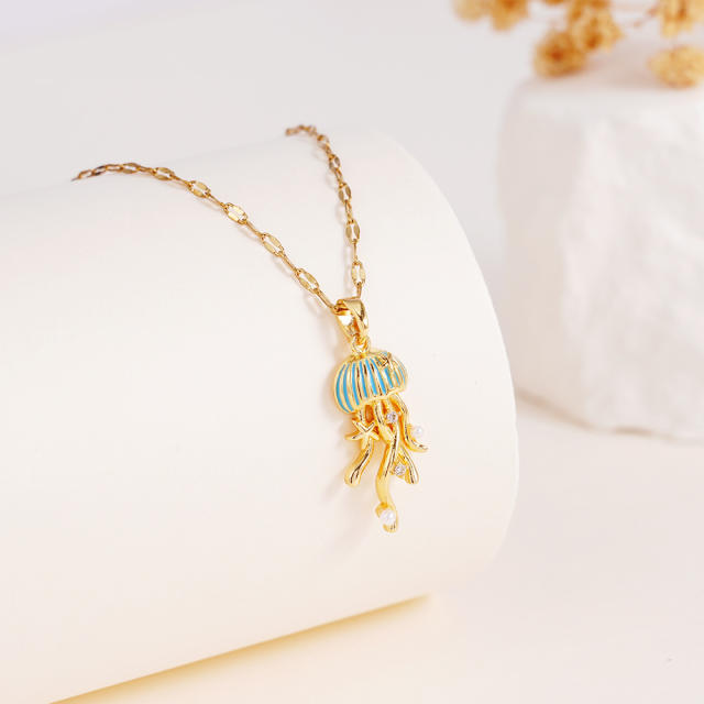 Creative color enamel jellyfish pendant stainless steel chain necklace