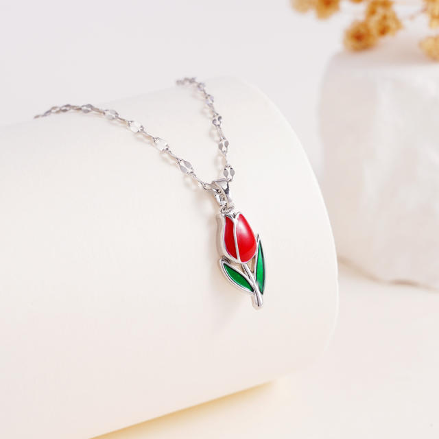 Color enamel tulip pendant stainless steel chain necklace