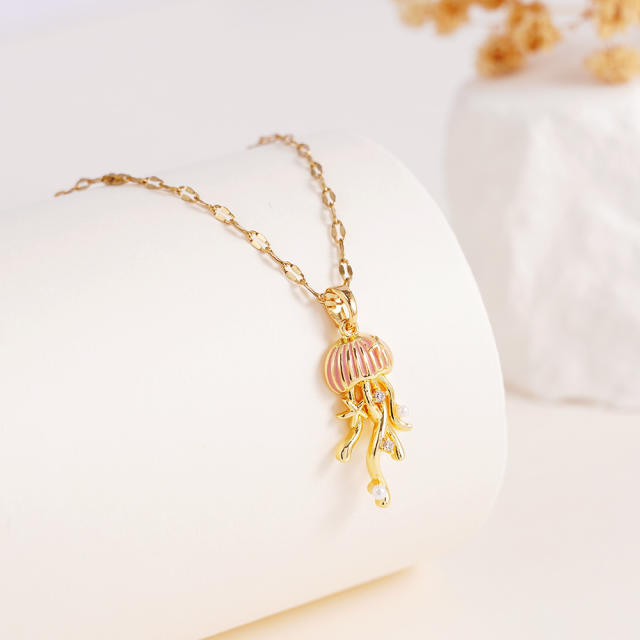 Creative color enamel jellyfish pendant stainless steel chain necklace