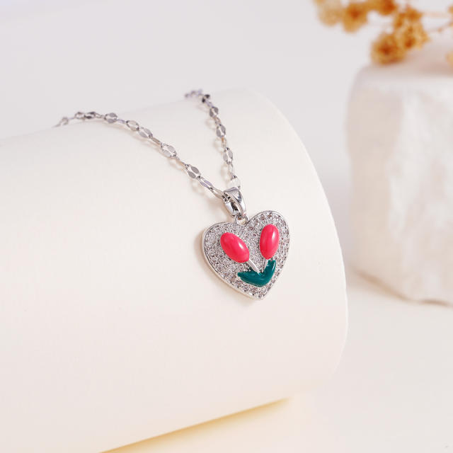 Color enamel tulip pendant stainless steel chain necklace