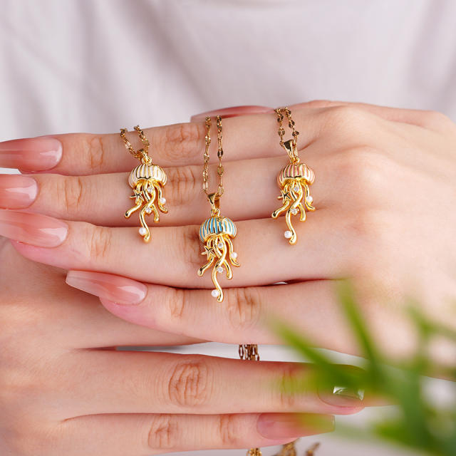 Creative color enamel jellyfish pendant stainless steel chain necklace