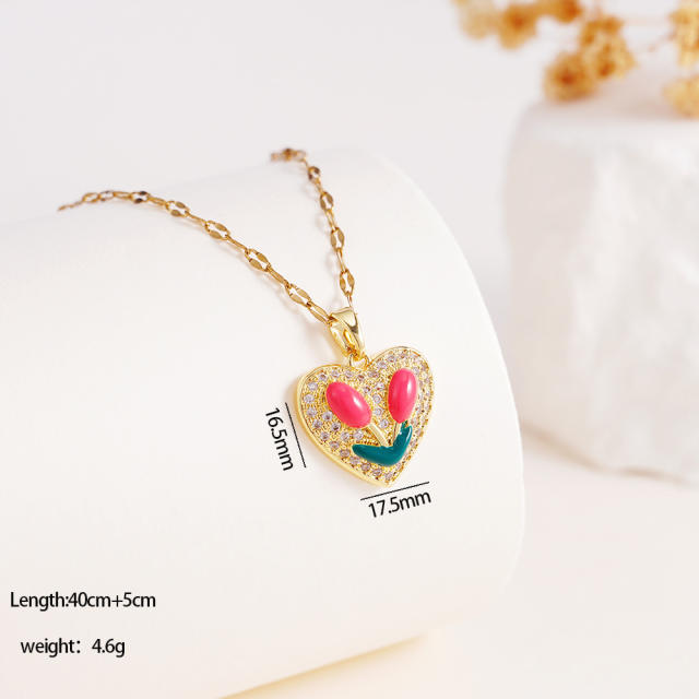 Color enamel tulip pendant stainless steel chain necklace