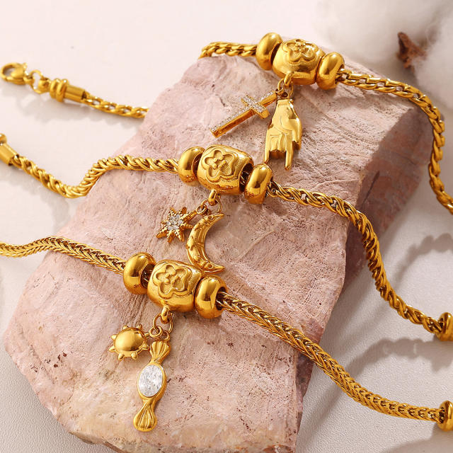 DIY moon star charm snake chain stainless steel bracelet
