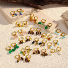 Vintage colorful stone bead stainless steel huggie earrings