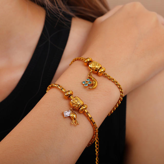 DIY moon star charm snake chain stainless steel bracelet
