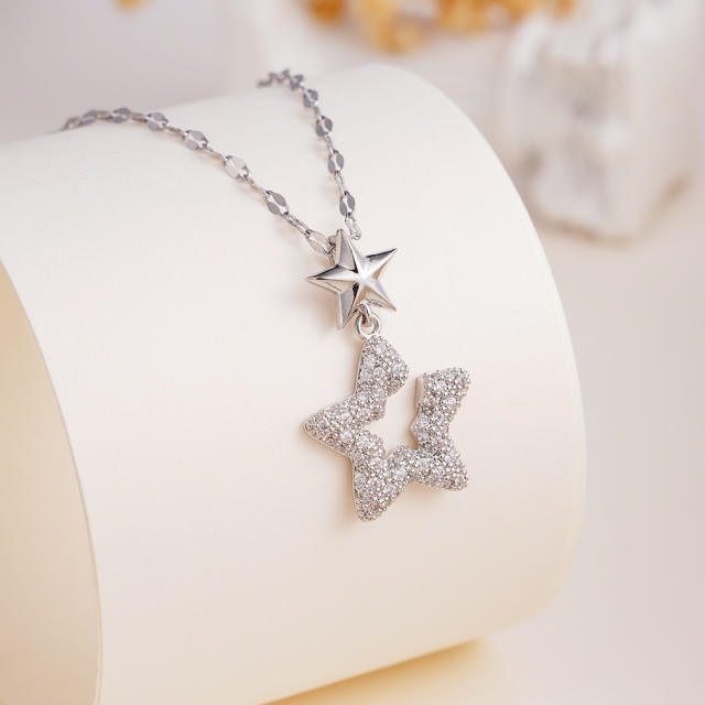 Hiphop diamond star heart pendant stainless steel chain necklace