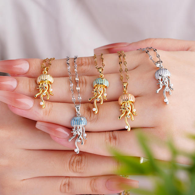 Creative color enamel jellyfish pendant stainless steel chain necklace