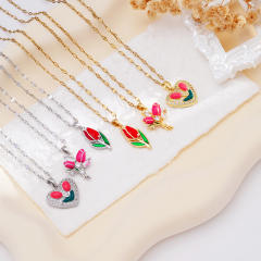 Color enamel tulip pendant stainless steel chain necklace