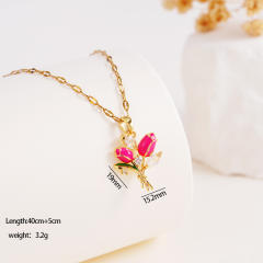 Color enamel tulip pendant stainless steel chain necklace
