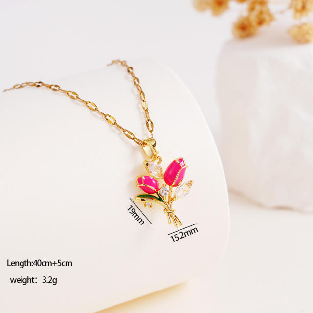 Color enamel tulip pendant stainless steel chain necklace