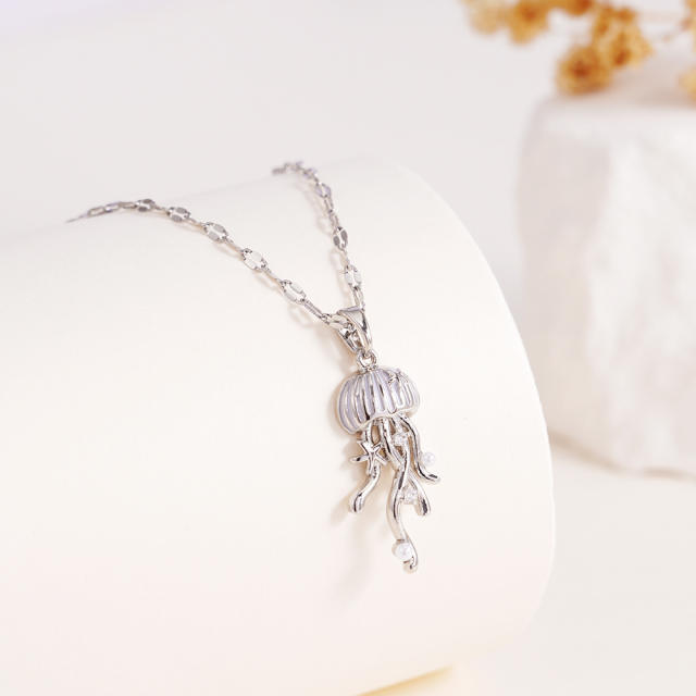 Creative color enamel jellyfish pendant stainless steel chain necklace