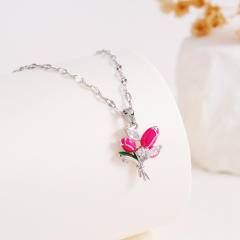 Color enamel tulip pendant stainless steel chain necklace