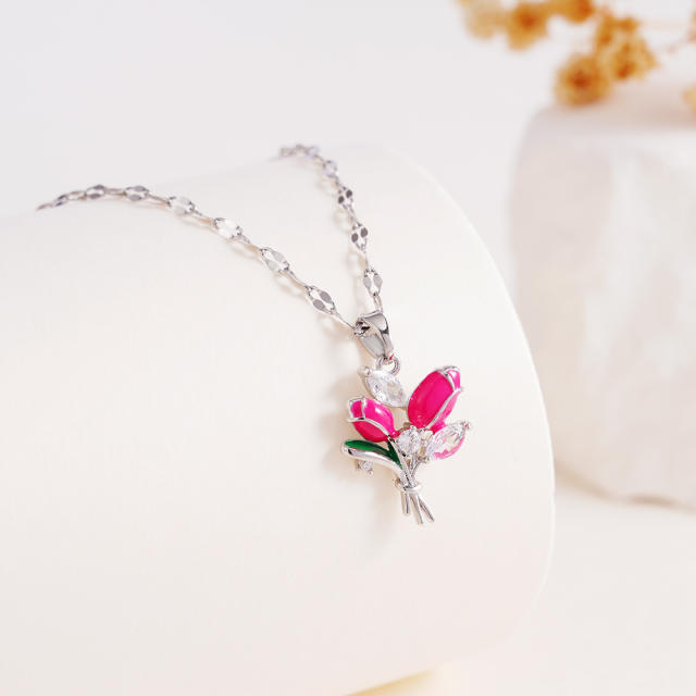 Color enamel tulip pendant stainless steel chain necklace