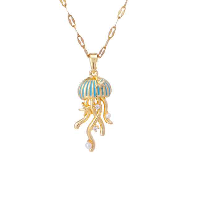Creative color enamel jellyfish pendant stainless steel chain necklace