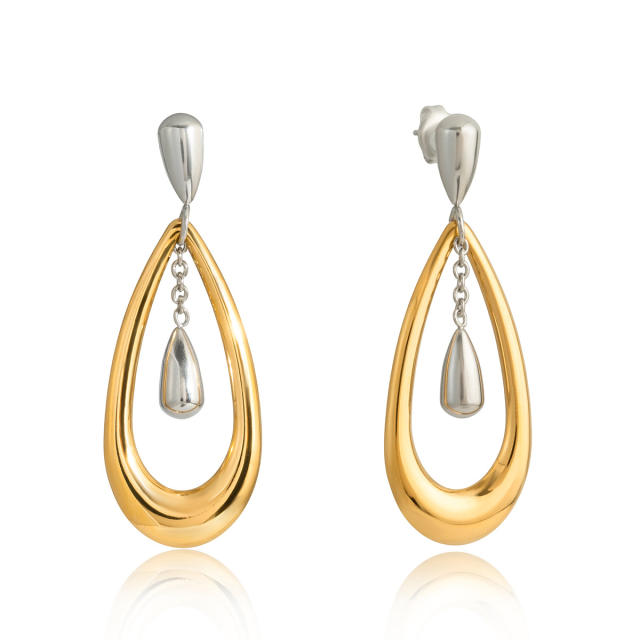 Simple two color hollow out drop stainless steel earrings