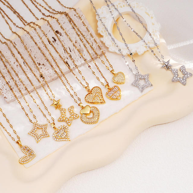 Hiphop diamond star heart pendant stainless steel chain necklace
