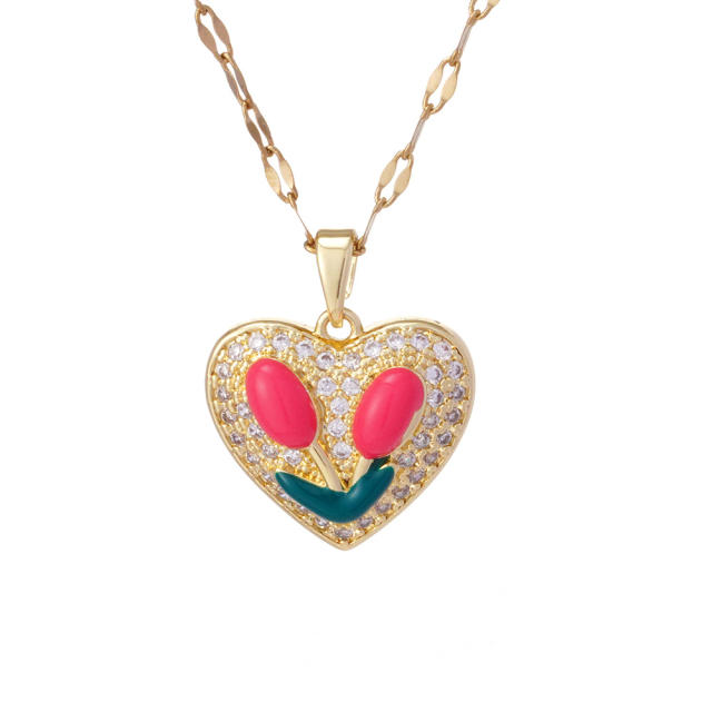 Color enamel tulip pendant stainless steel chain necklace