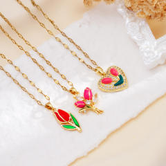 Color enamel tulip pendant stainless steel chain necklace