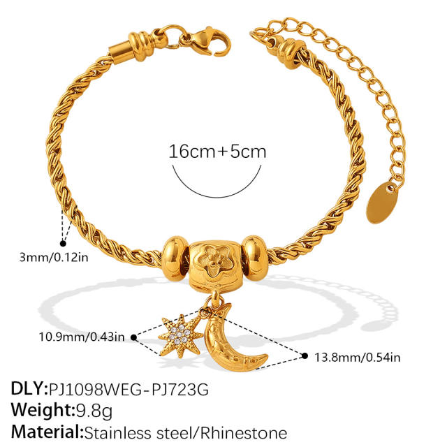 DIY moon star charm snake chain stainless steel bracelet