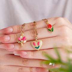 Color enamel tulip pendant stainless steel chain necklace