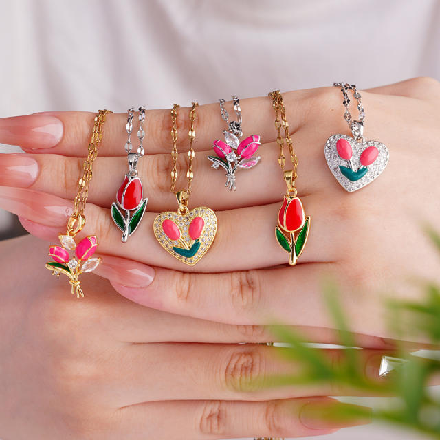 Color enamel tulip pendant stainless steel chain necklace