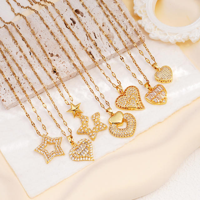 Hiphop diamond star heart pendant stainless steel chain necklace
