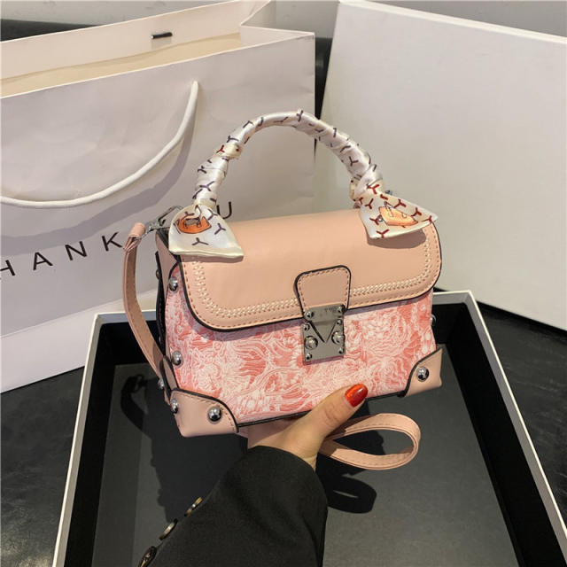 Vintage embroidered box bag for women elegant silk scarf handbag crossbody bag