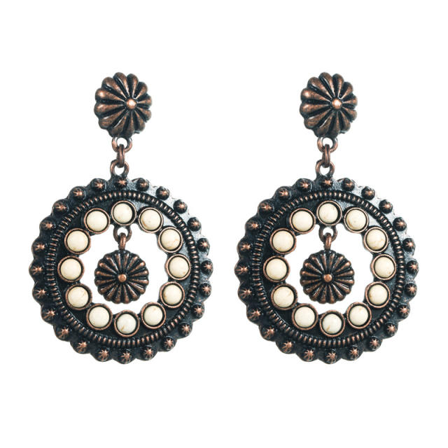 Ethnic style white turquoise earrings hollow round pendant exaggerated party earrings