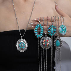 Natural Turquoise Necklace for Women vintage alloy pendant necklace