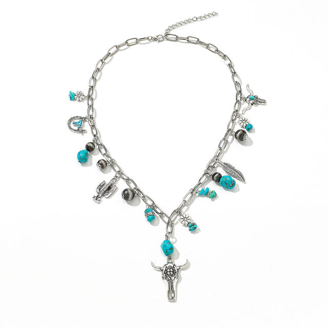 Western Denim Retro Ethnic Style Imitation Turquoise Alloy Bull Head Feather CCB Beaded Necklace for Women