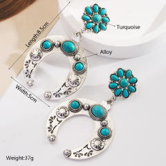 Bohemian Ethnic Style Earrings Turquoise Milk Pattern Leather Diamond Hollow Earrings