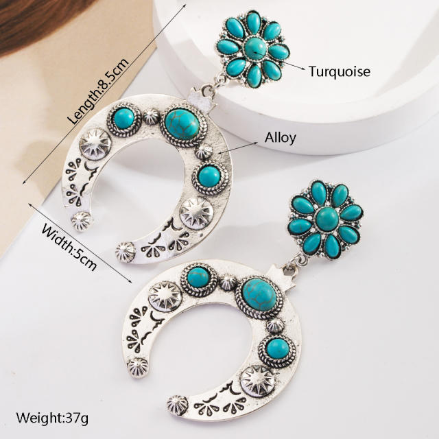 Bohemian Ethnic Style Earrings Turquoise Milk Pattern Leather Diamond Hollow Earrings