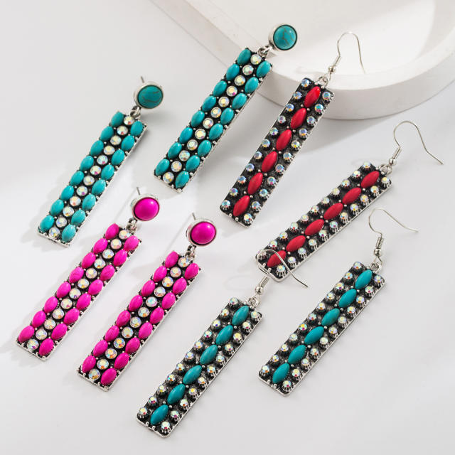 Long Alloy Diamond-encrusted Turquoise Earrings