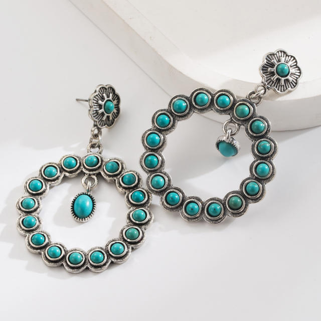 New Retro Cross Hollow Oval Earrings Turquoise Earrings Western Ethnic Style Distinctive Earrings