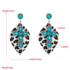 Western leopard print leather earrings alloy set turquoise exaggerated earrings