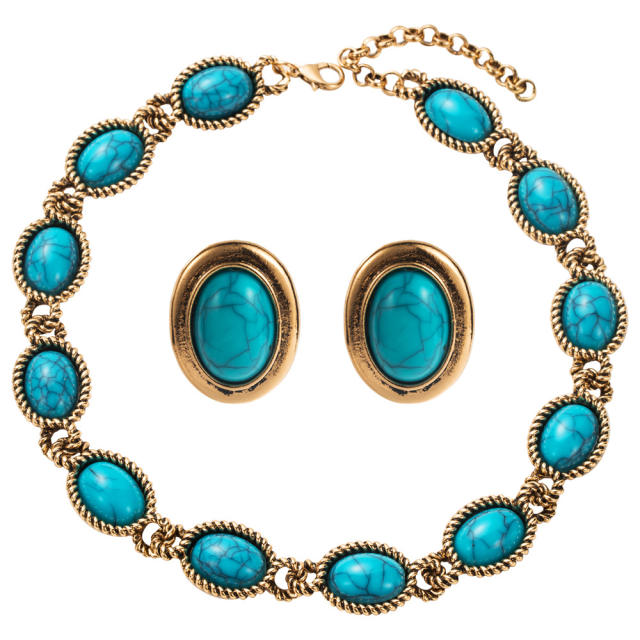 Bohemian Style Turquoise Necklace Silver Needle Earrings set