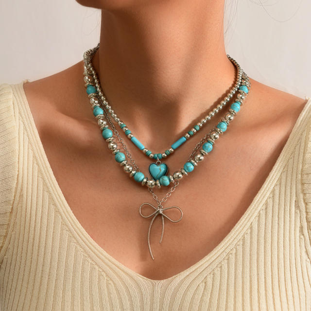 Retro Imitation Turquoise Clavicle Chain Ethnic Style Leaf Heart Cow Head Inlaid Turquoise Multi-Layer Necklace