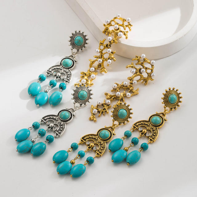 Boho vintage turquoise bead tassel alloy earrings