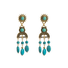 Boho vintage turquoise bead tassel alloy earrings
