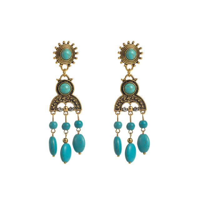 Boho vintage turquoise bead tassel alloy earrings