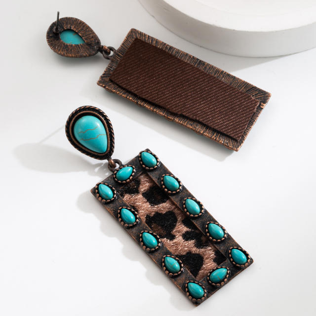 Exaggerated Earrings Women's Retro Oval Turquoise Hollow Geometric Leopard Leather Earrings